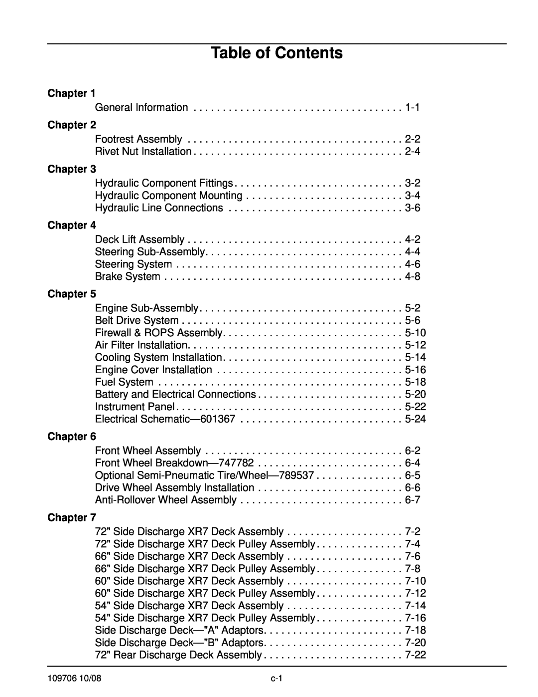 Hustler Turf Diesel Z manual Table of Contents, Chapter 