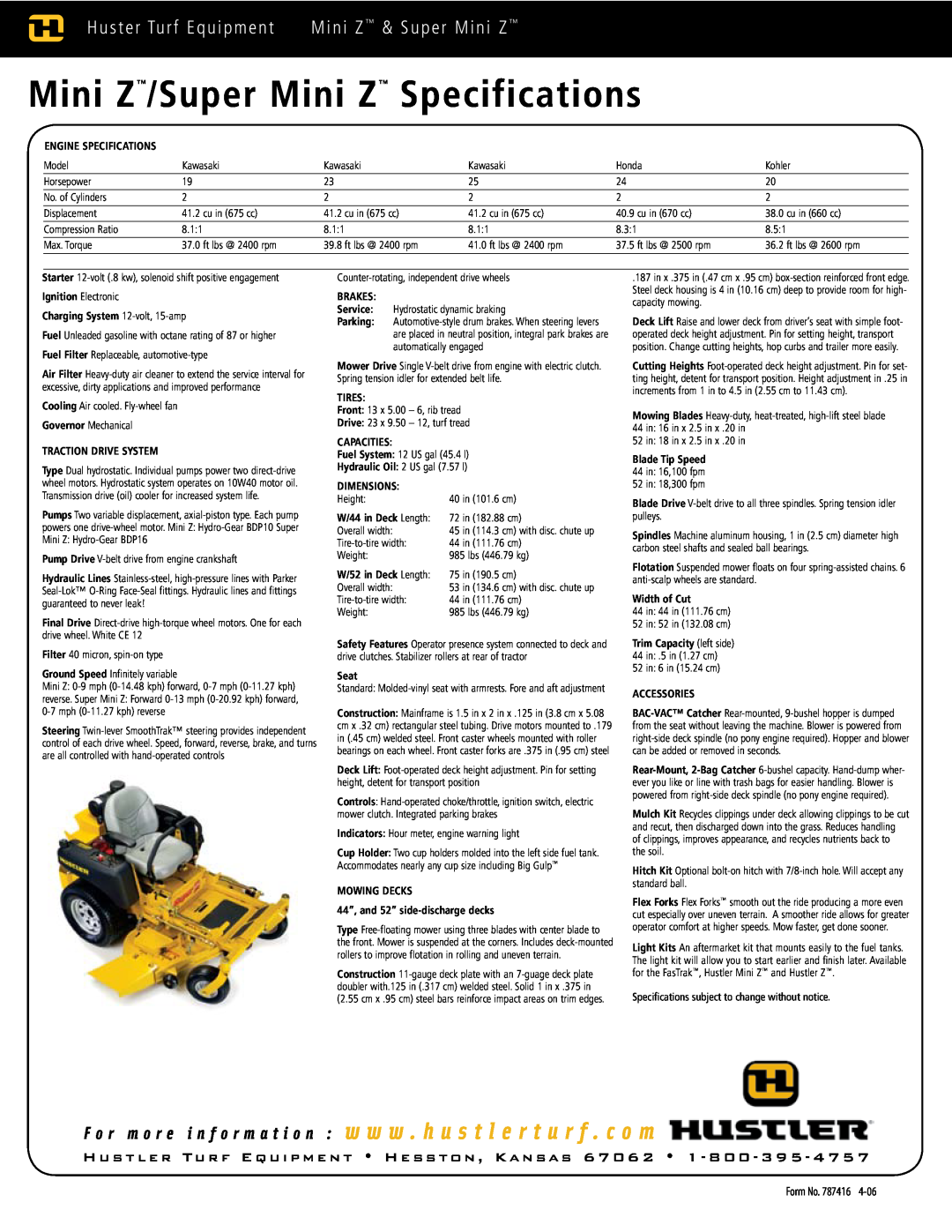 Hustler Turf Lawn Mowe specifications Mini Z/Super Mini Z Specifications, Huster Turf Equipment Mini Z & Super Mini Z 