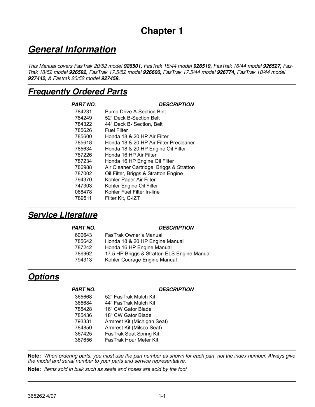 Hustler Turf Lawn Mower manual General Information, Frequently Ordered Parts 