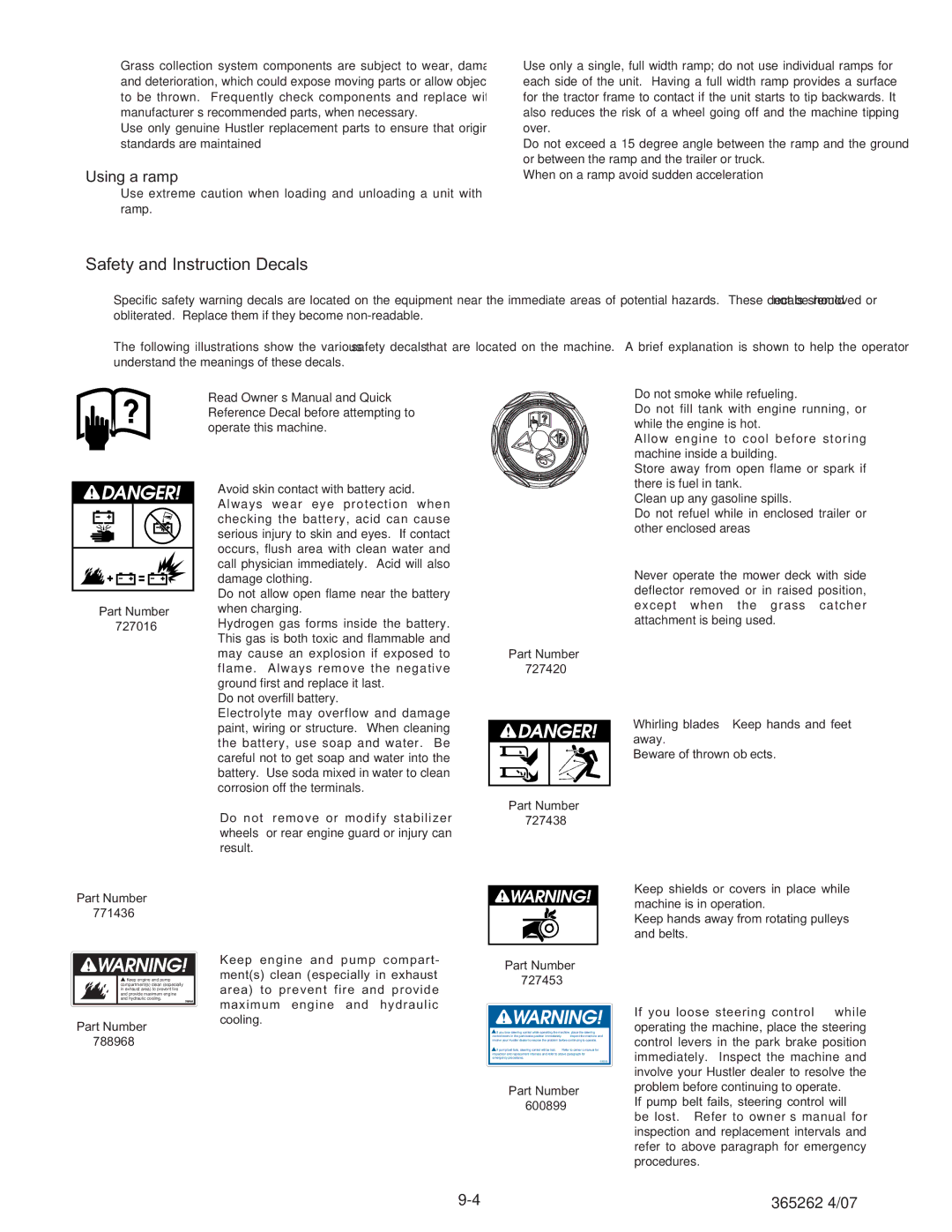 Hustler Turf Lawn Mower manual Safety and Instruction Decals, Using a ramp 