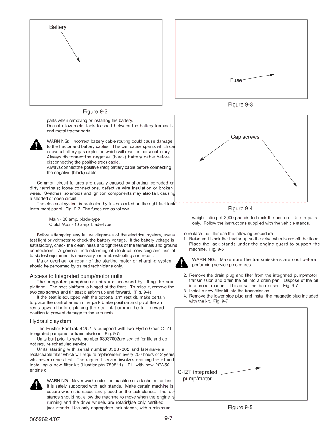 Hustler Turf Lawn Mower manual Battery, Access to integrated pump/motor units, Hydraulic system, Fuse Cap screws 