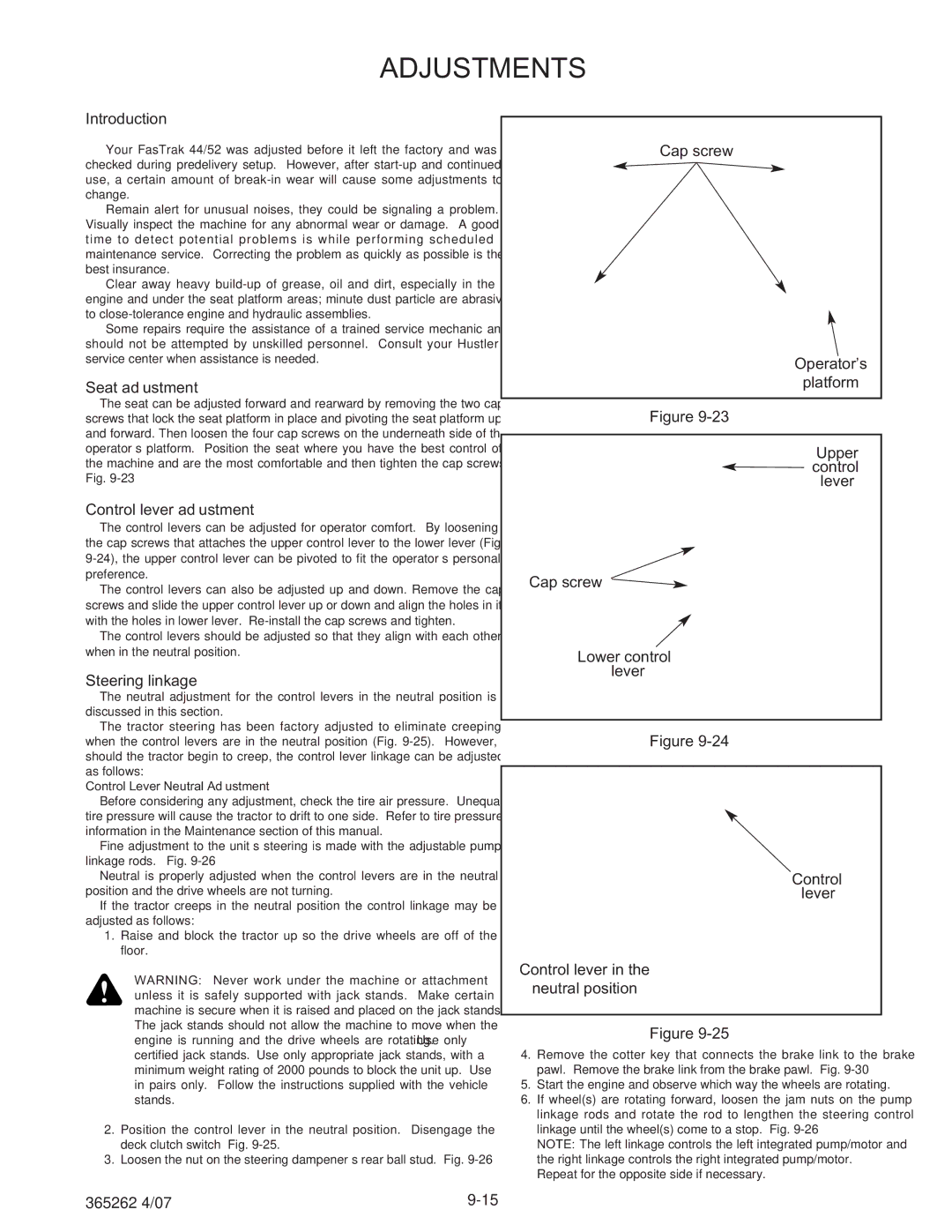 Hustler Turf Lawn Mower manual Seat adjustment, Control lever adjustment, Steering linkage 