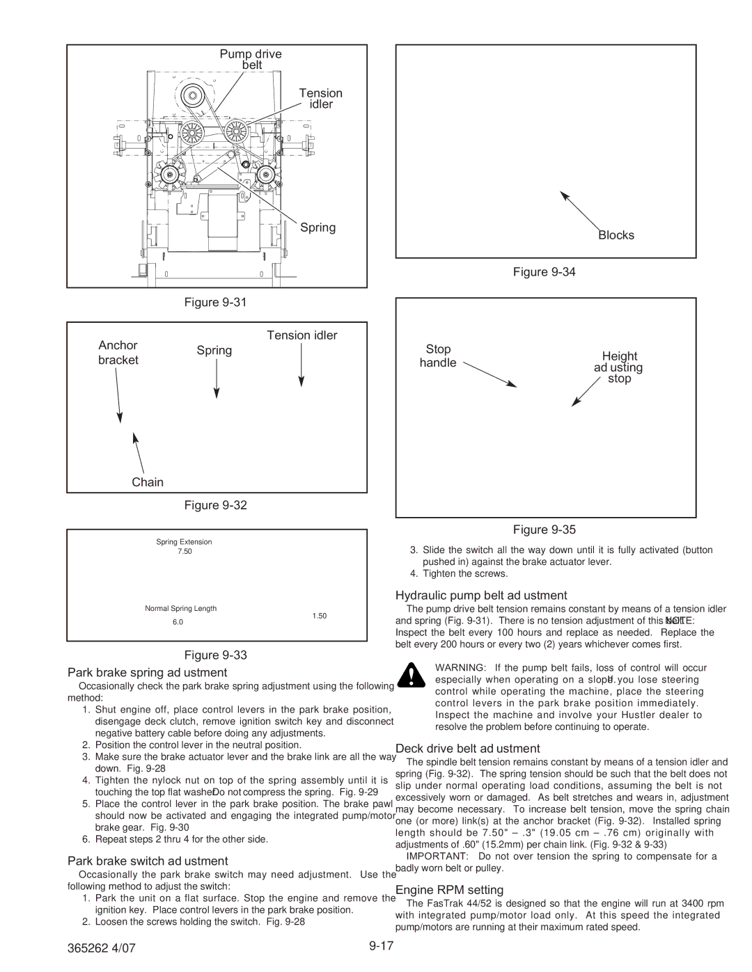 Hustler Turf Lawn Mower manual Park brake spring adjustment, Park brake switch adjustment, Blocks Stop Height, Adjusting 