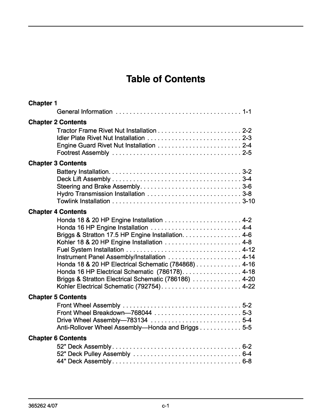 Hustler Turf Lawn Mower manual Table of Contents, Chapter 