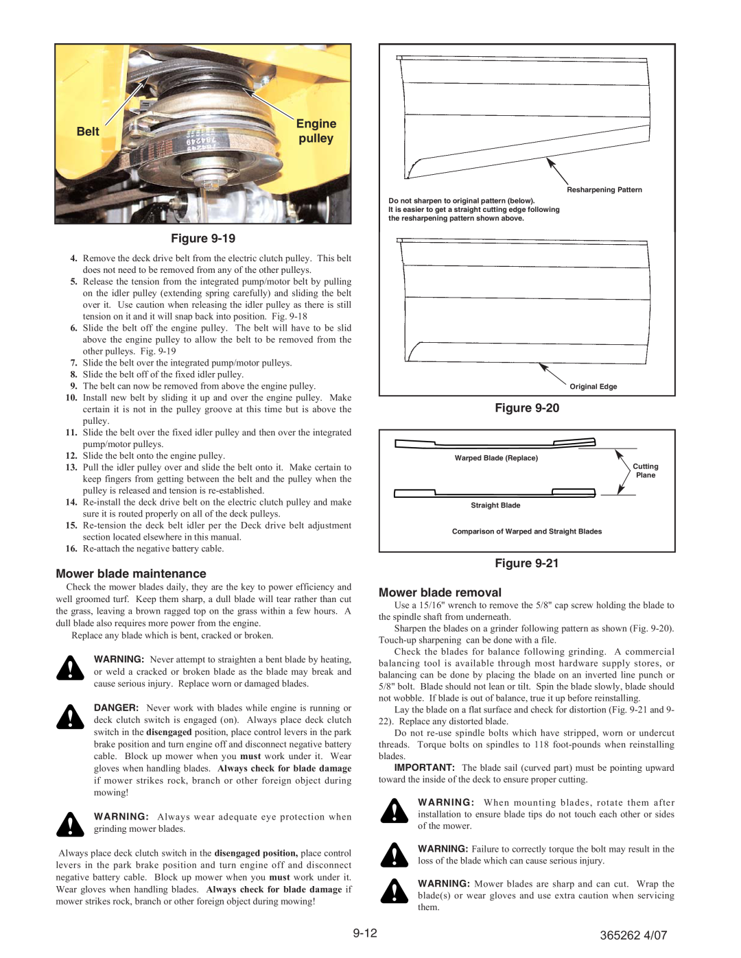 Hustler Turf Lawn Mower manual Engine Belt pulley, Mower blade maintenance, Mower blade removal, 9-12, 365262 4/07 