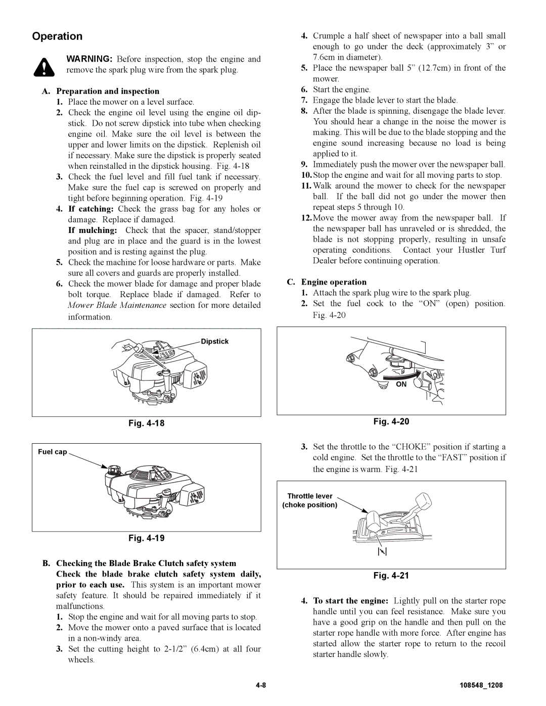 Hustler Turf M-1 manual Preparation and inspection, Engine operation 