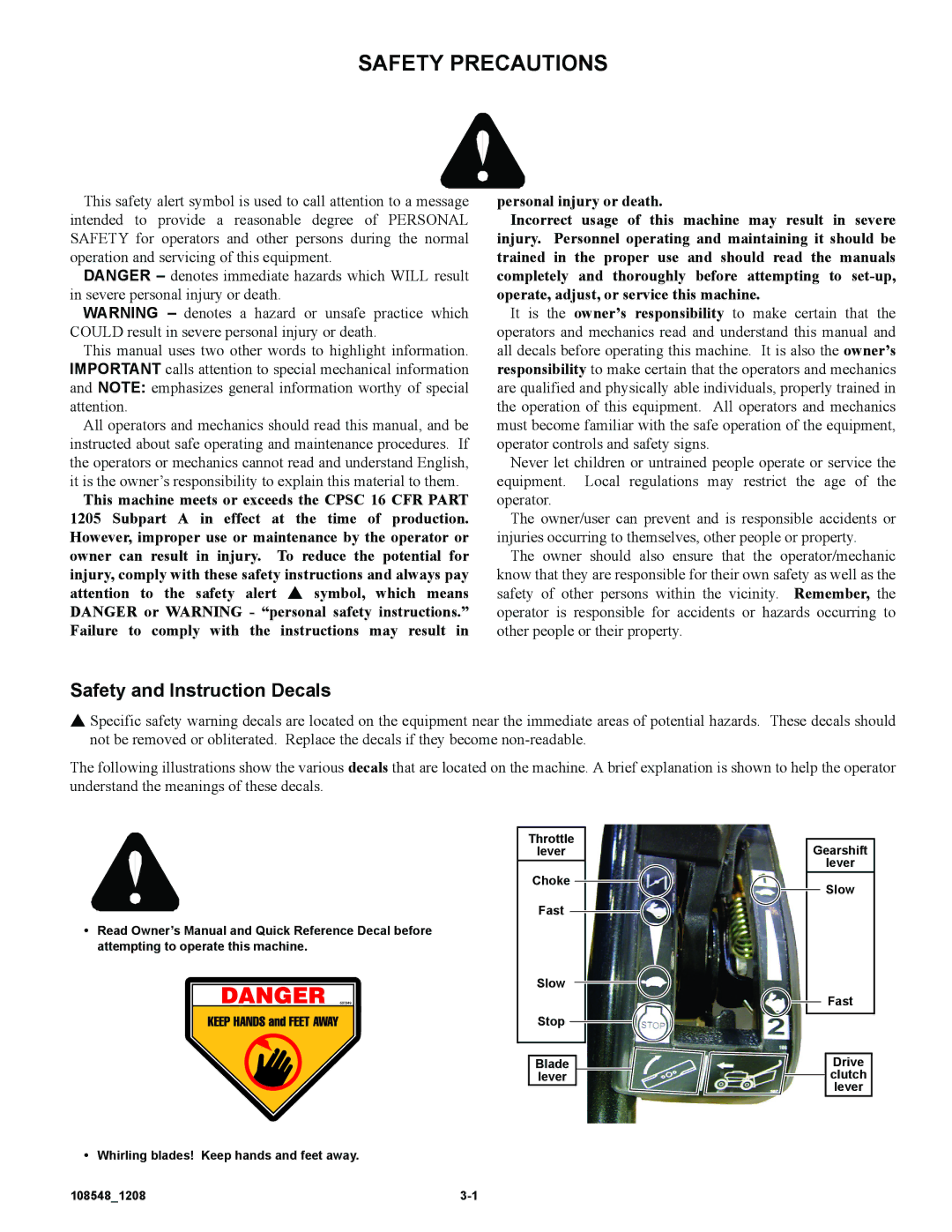 Hustler Turf M-1 manual Safety Precautions, Safety and Instruction Decals 