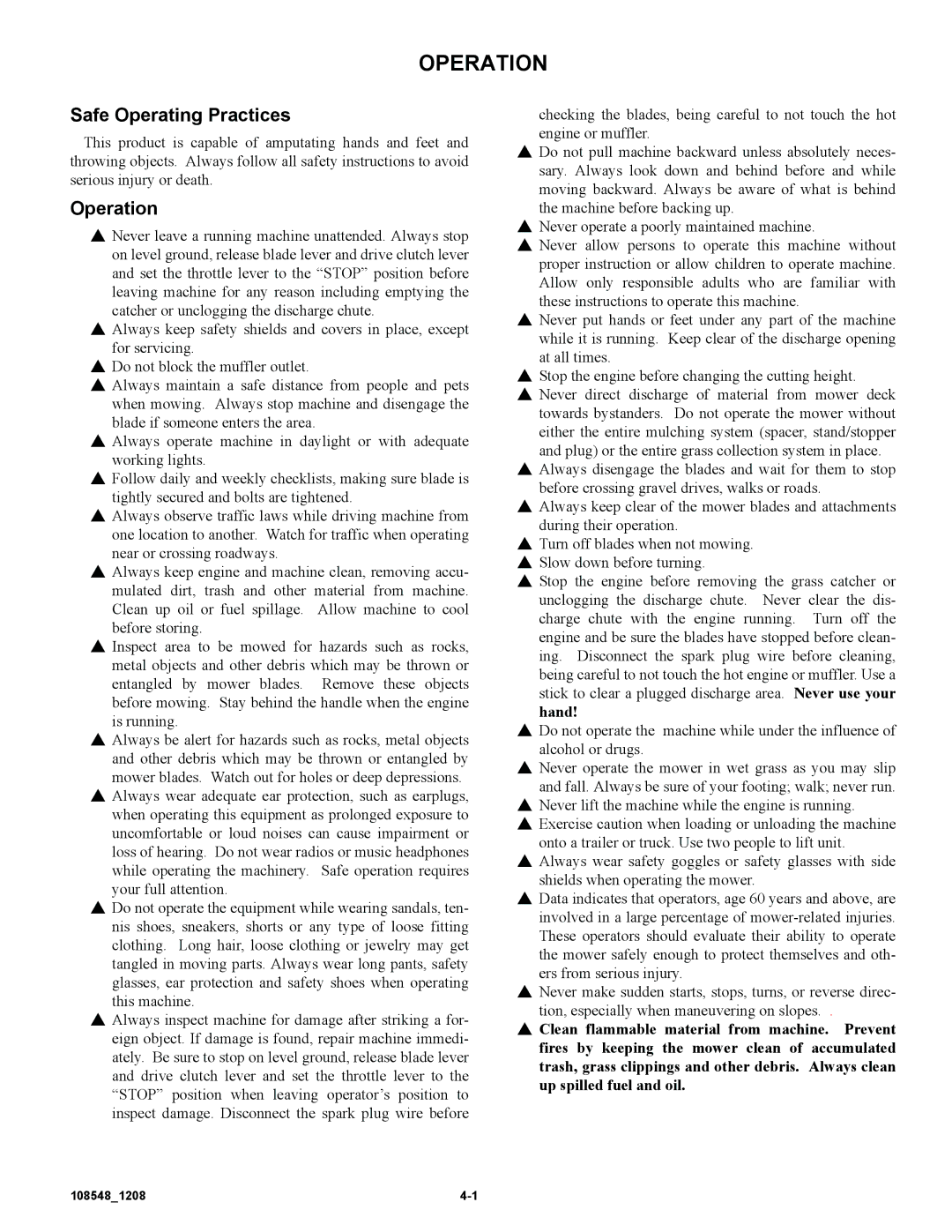 Hustler Turf M-1 manual Safe Operating Practices, Operation 