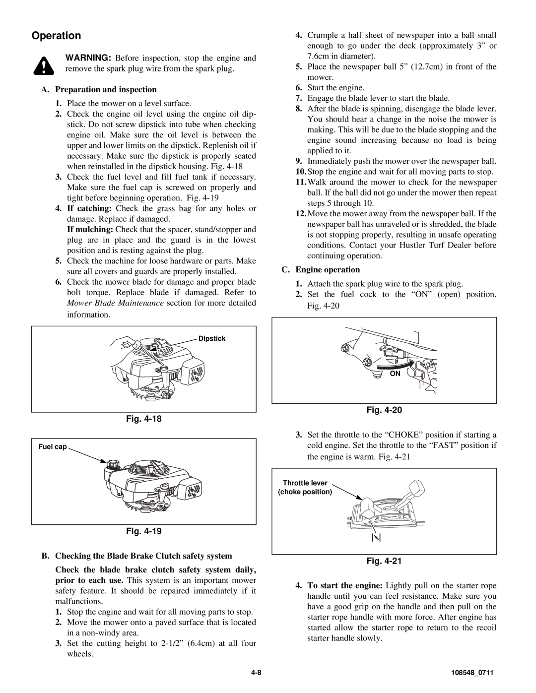 Hustler Turf M1 owner manual Operation, Preparation and inspection, Engine operation 