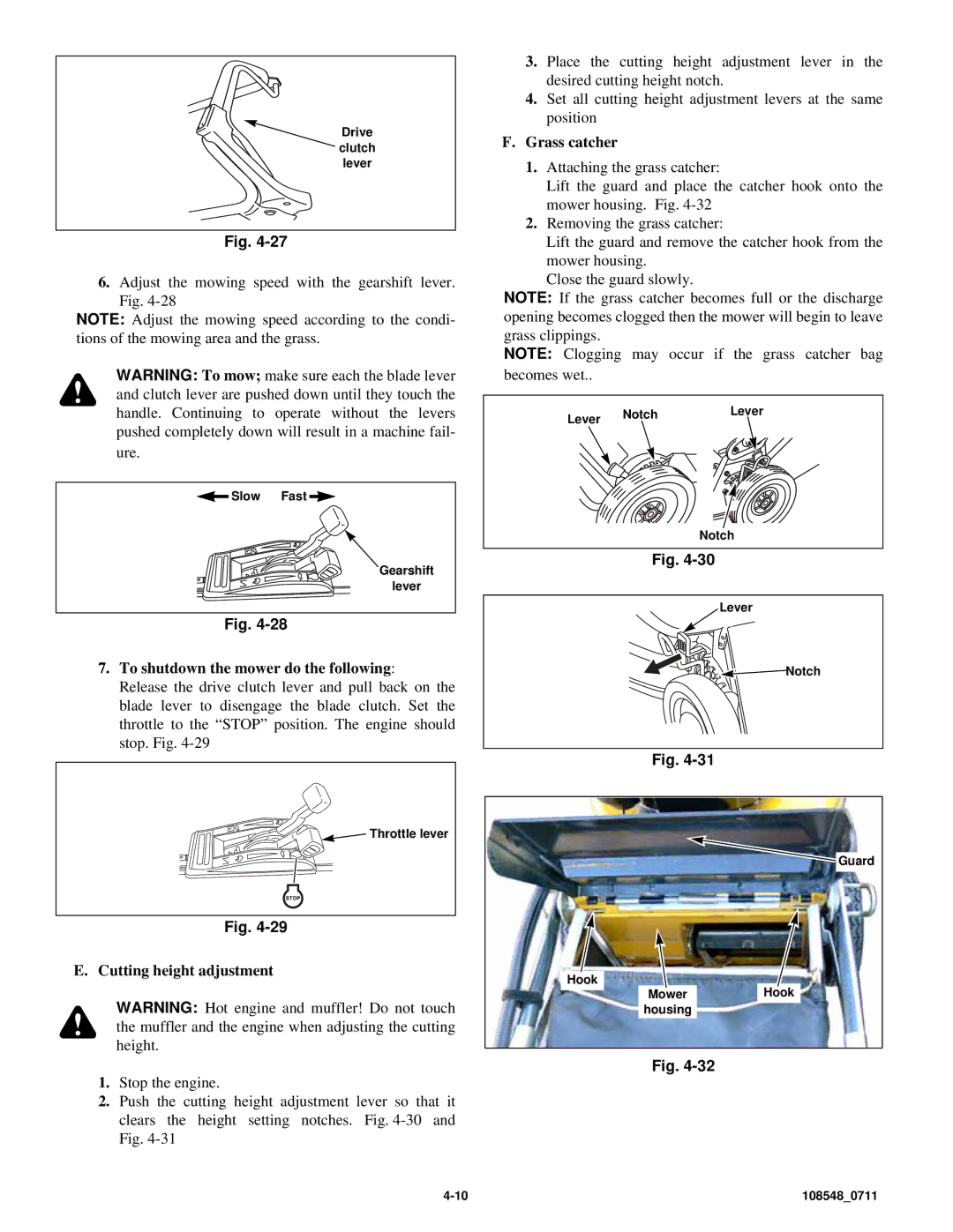 Hustler Turf M1 owner manual To shutdown the mower do the following, Cutting height adjustment, Grass catcher 