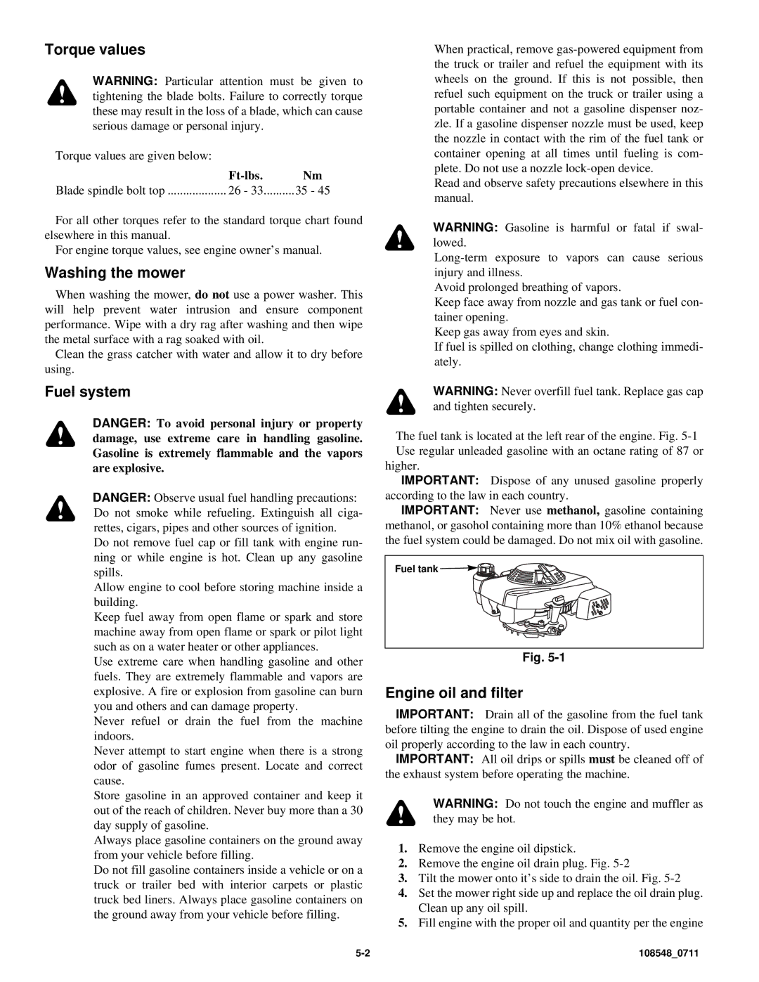 Hustler Turf M1 owner manual Torque values, Washing the mower, Fuel system, Engine oil and filter, Ft-lbs 