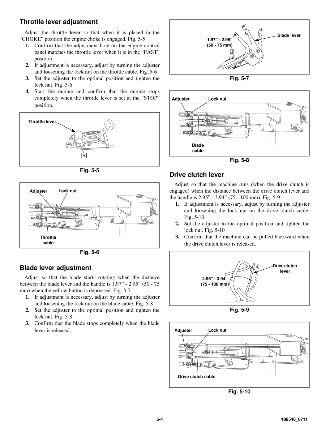 Hustler Turf M1 owner manual Throttle lever adjustment, Blade lever adjustment, Drive clutch lever 