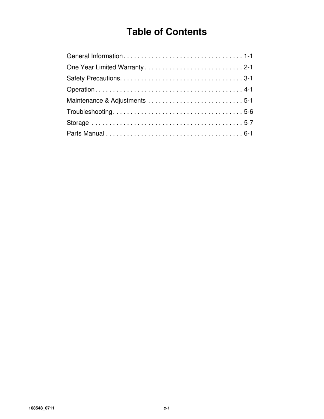 Hustler Turf M1 owner manual Table of Contents 