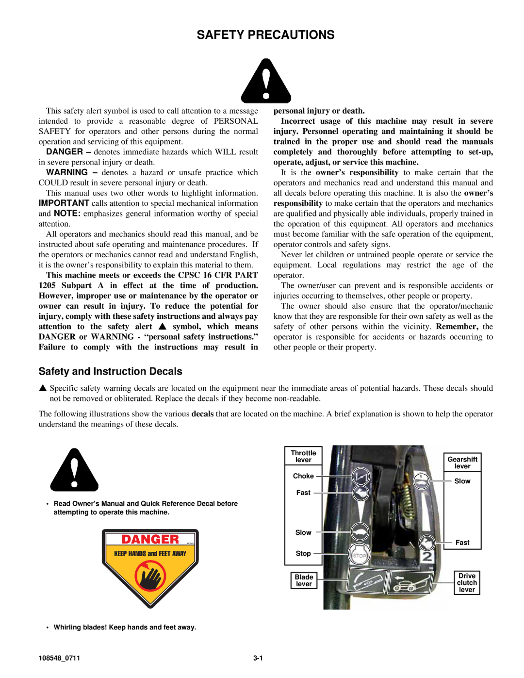 Hustler Turf M1 owner manual Safety Precautions, Safety and Instruction Decals 