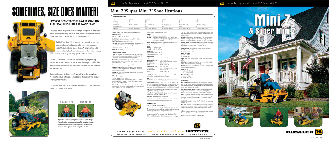 Hustler Turf Mini Super Z specifications Traction Drive System, Brakes, Tires, Capacities, Dimensions, Mowing Decks 