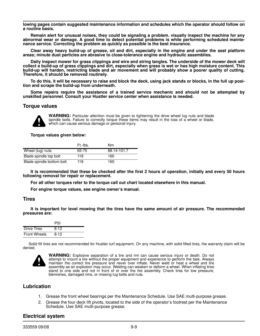 Hustler Turf none manual Torque values, Tires, Lubrication, Electrical system 