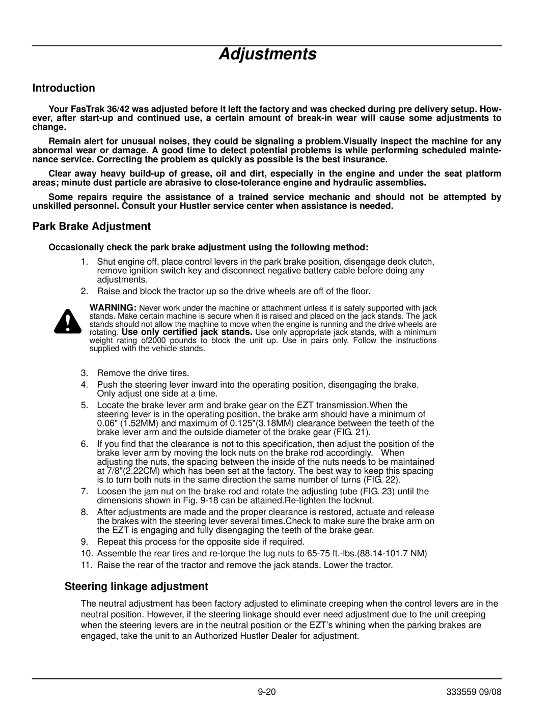 Hustler Turf none manual Adjustments, Park Brake Adjustment, Steering linkage adjustment 