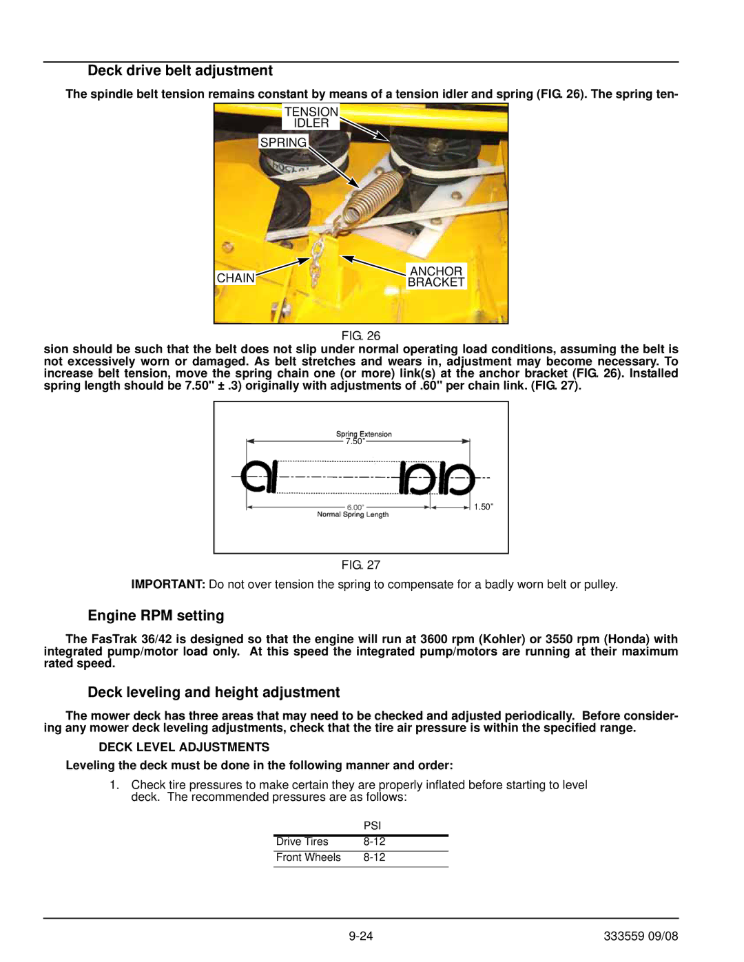 Hustler Turf none manual Deck drive belt adjustment, Engine RPM setting, Deck leveling and height adjustment 
