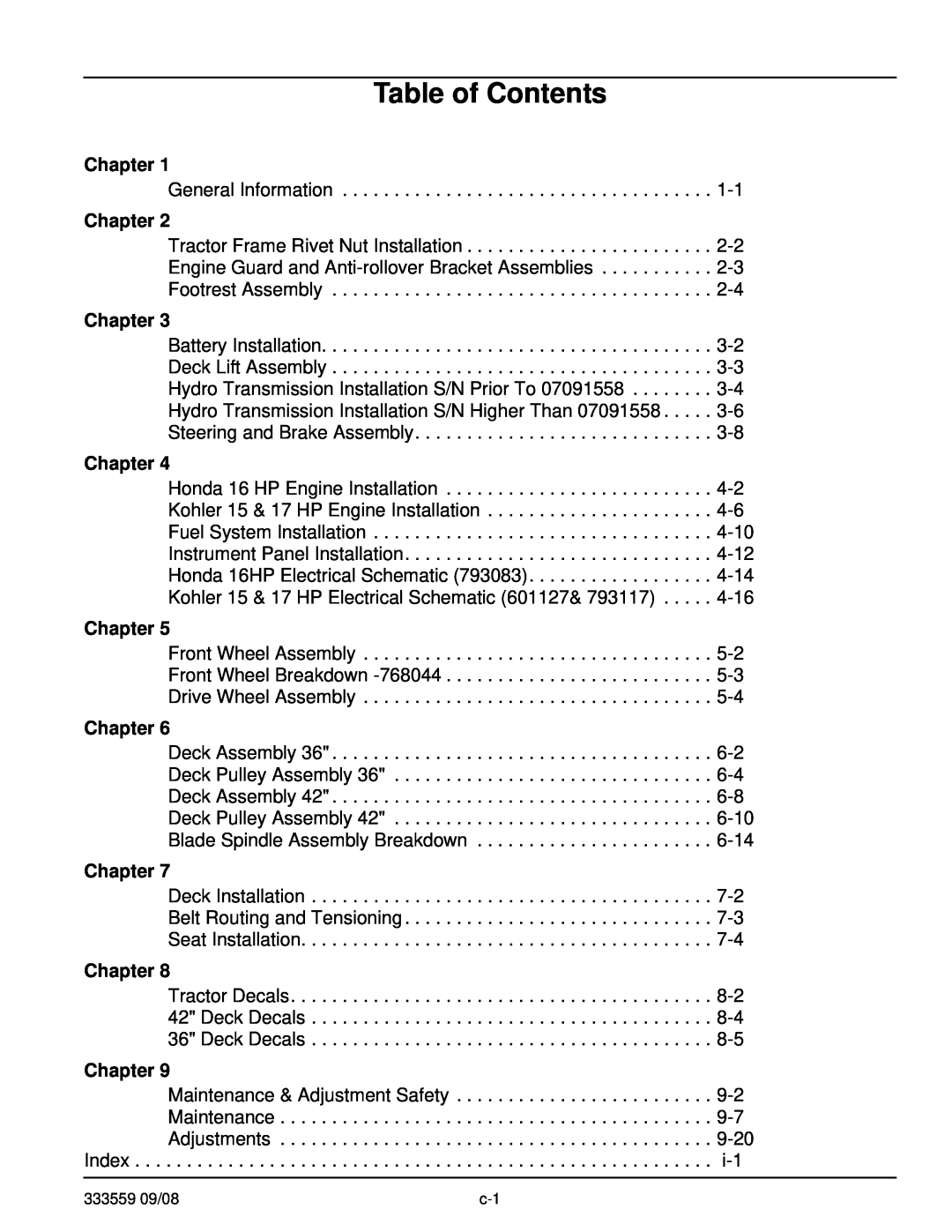 Hustler Turf none manual Table of Contents, Chapter 