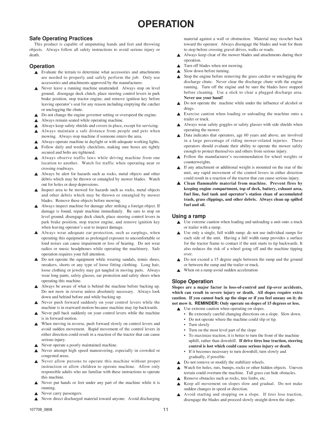 Hustler Turf Super 928192, Super Duty 42, Super Duty 36 Safe Operating Practices, Using a ramp, Slope Operation 