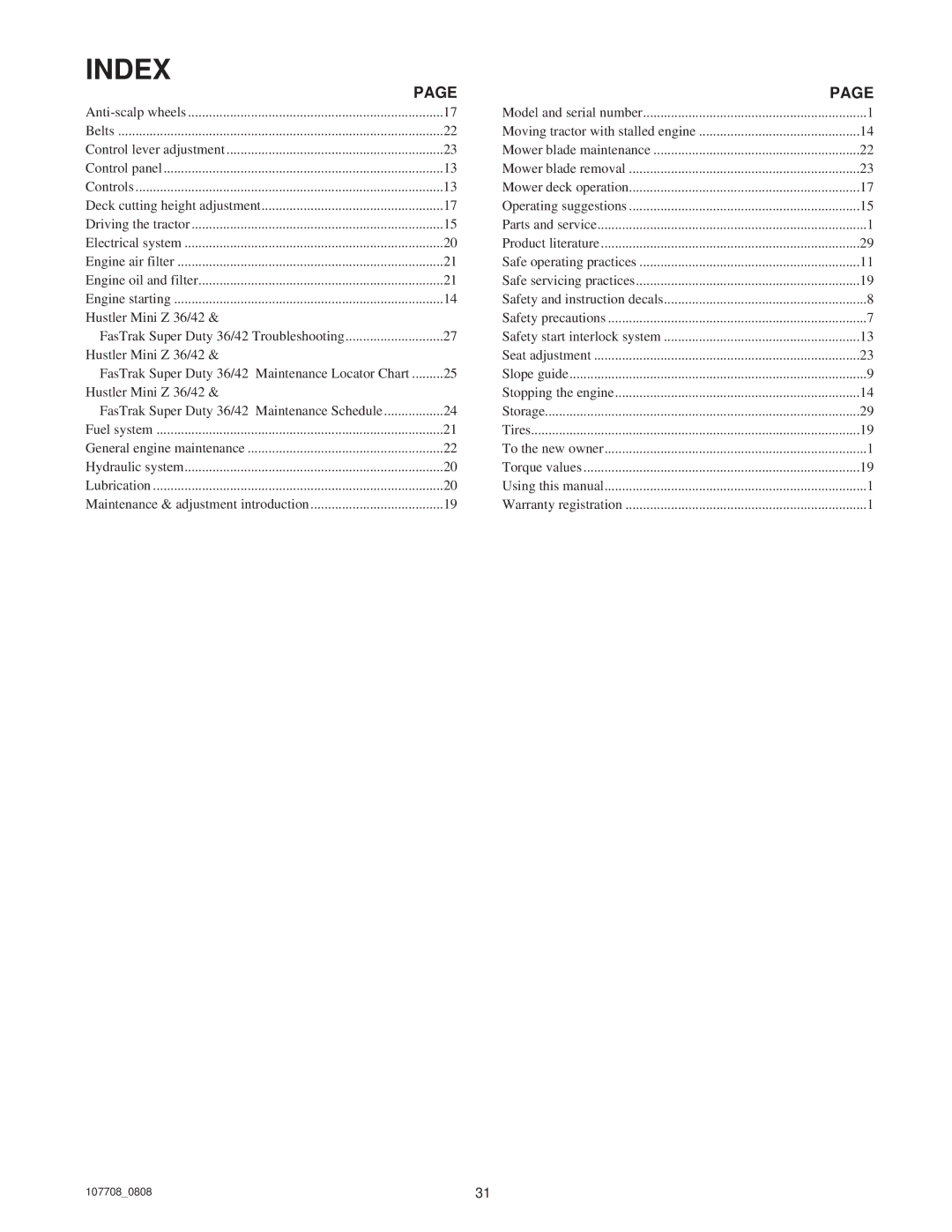 Hustler Turf Super 928192, Super Duty 42, Super Duty 36 owner manual Index, Moving tractor with stalled engine 