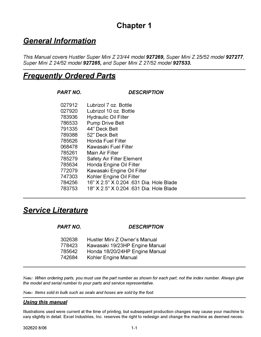 Hustler Turf Super Mini Z manual General Information, Frequently Ordered Parts, Service Literature 