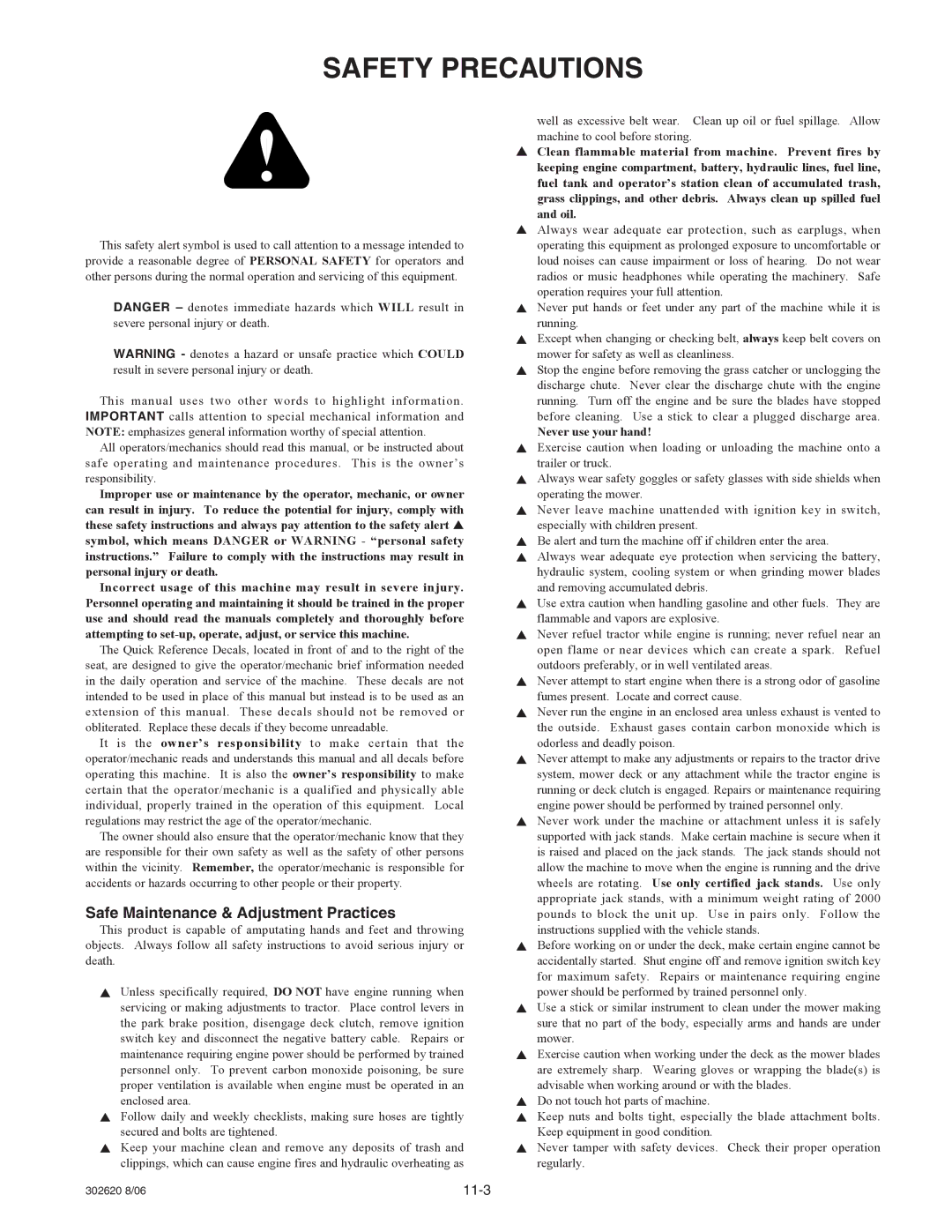 Hustler Turf Super Mini Z manual Safety Precautions, Safe Maintenance & Adjustment Practices 