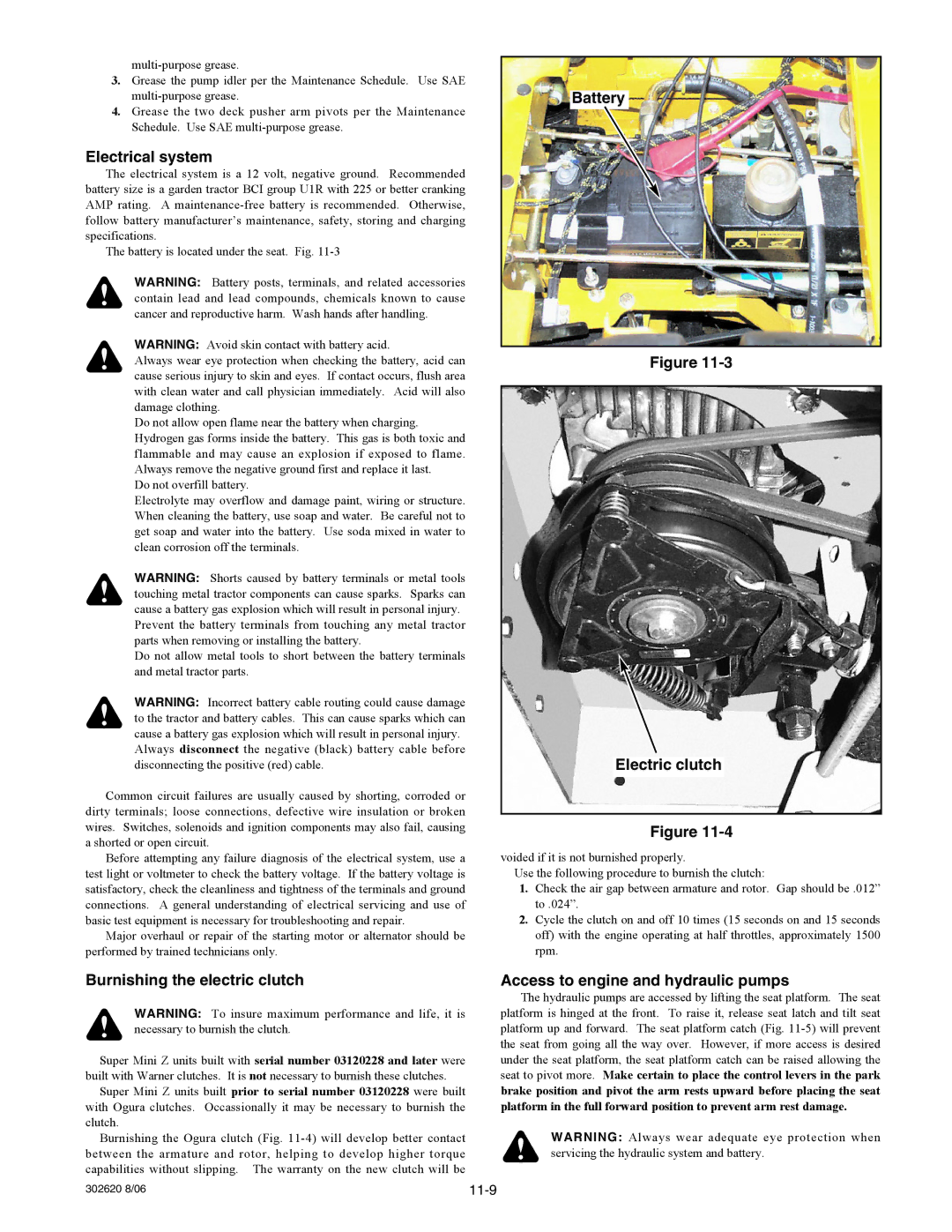 Hustler Turf Super Mini Z manual Electrical system, Burnishing the electric clutch, Battery Electric clutch 