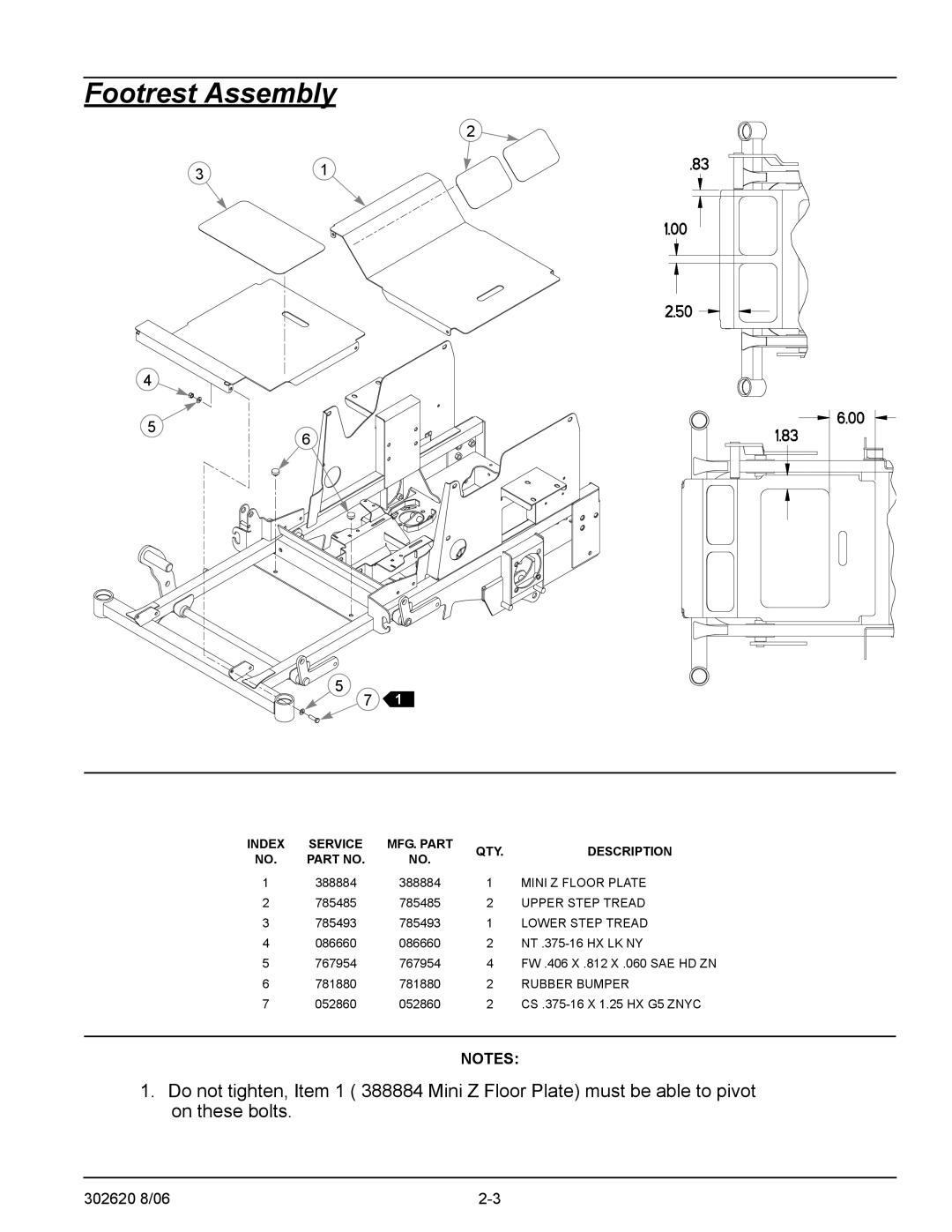 Hustler Turf Super Mini Z manual Footrest Assembly, Mini Z Floor Plate, Upper Step Tread, Lower Step Tread, Rubber Bumper 