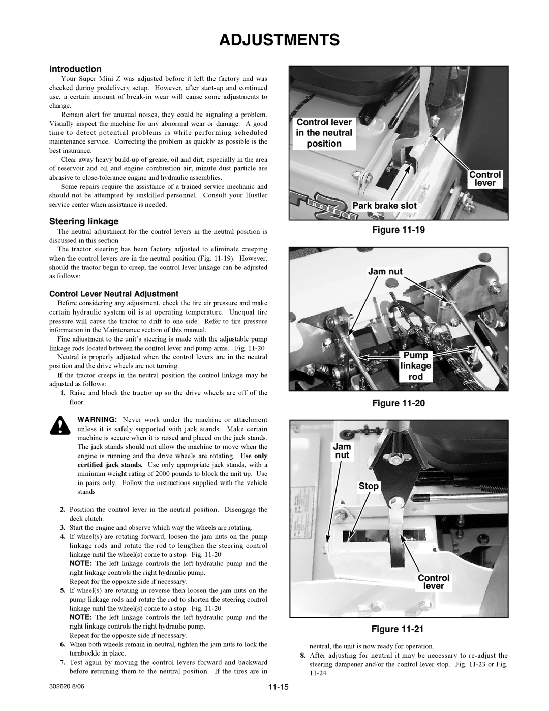 Hustler Turf Super Mini Z manual Adjustments, Steering linkage 