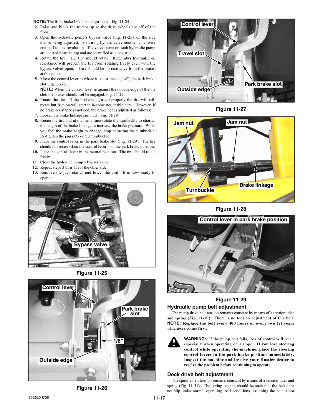 Hustler Turf Super Mini Z manual Deck drive belt adjustment, Loosen the brake linkage jam nuts. Fig 