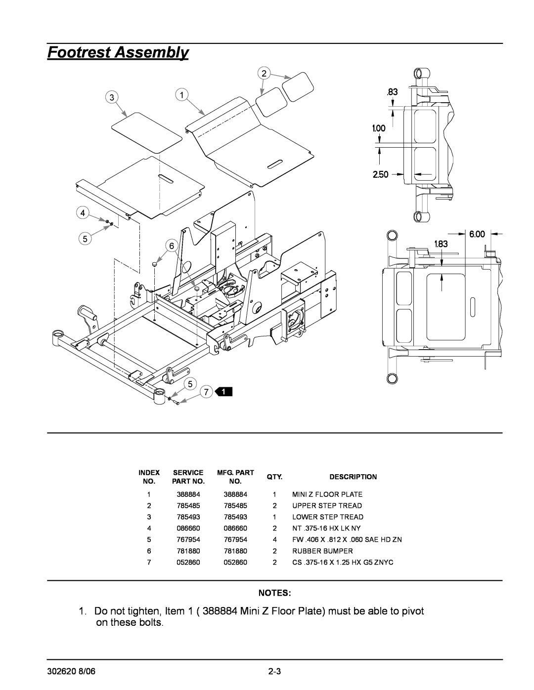 Hustler Turf Super Mini Z manual Footrest Assembly, Index, Service, Description 