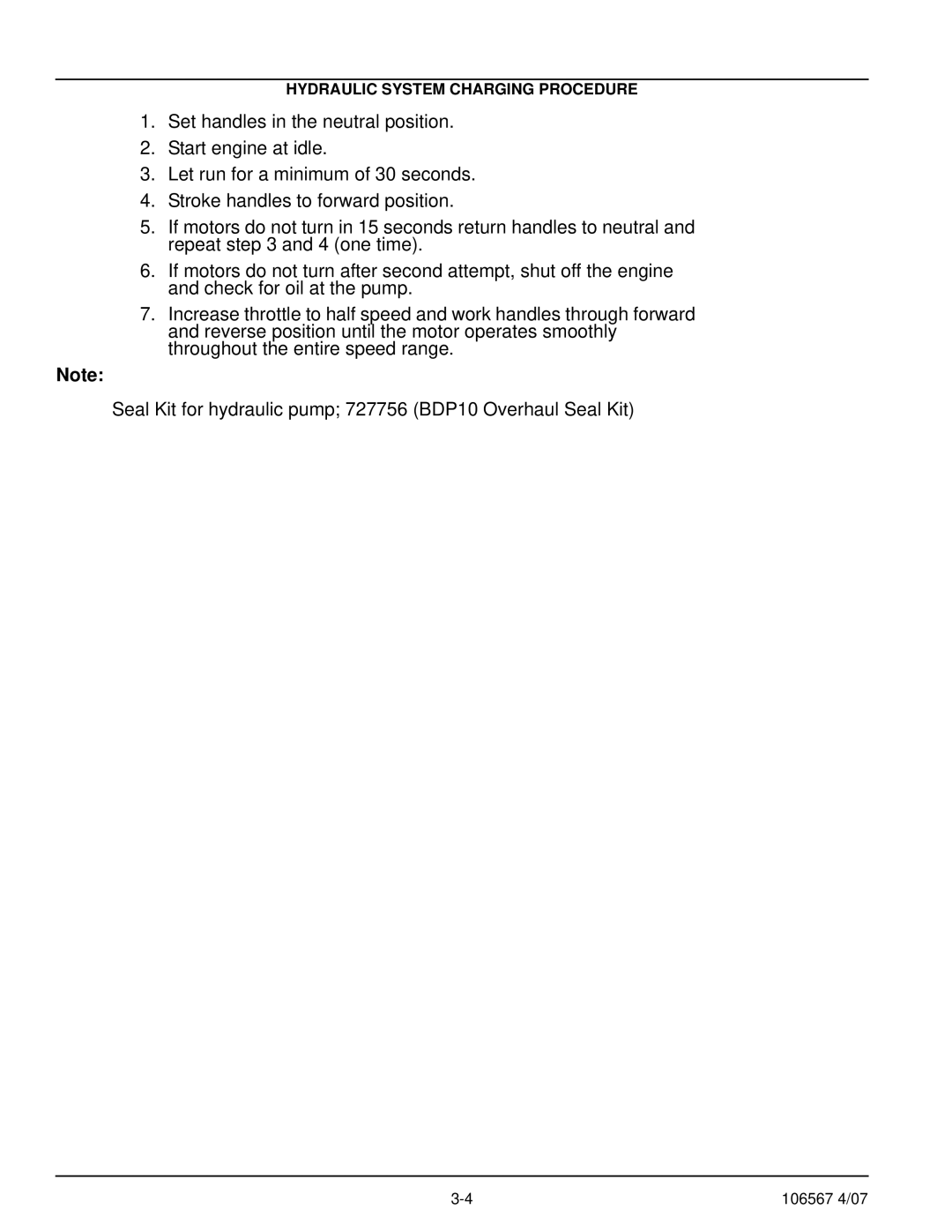 Hustler Turf Z XR7 manual Hydraulic System Charging Procedure 