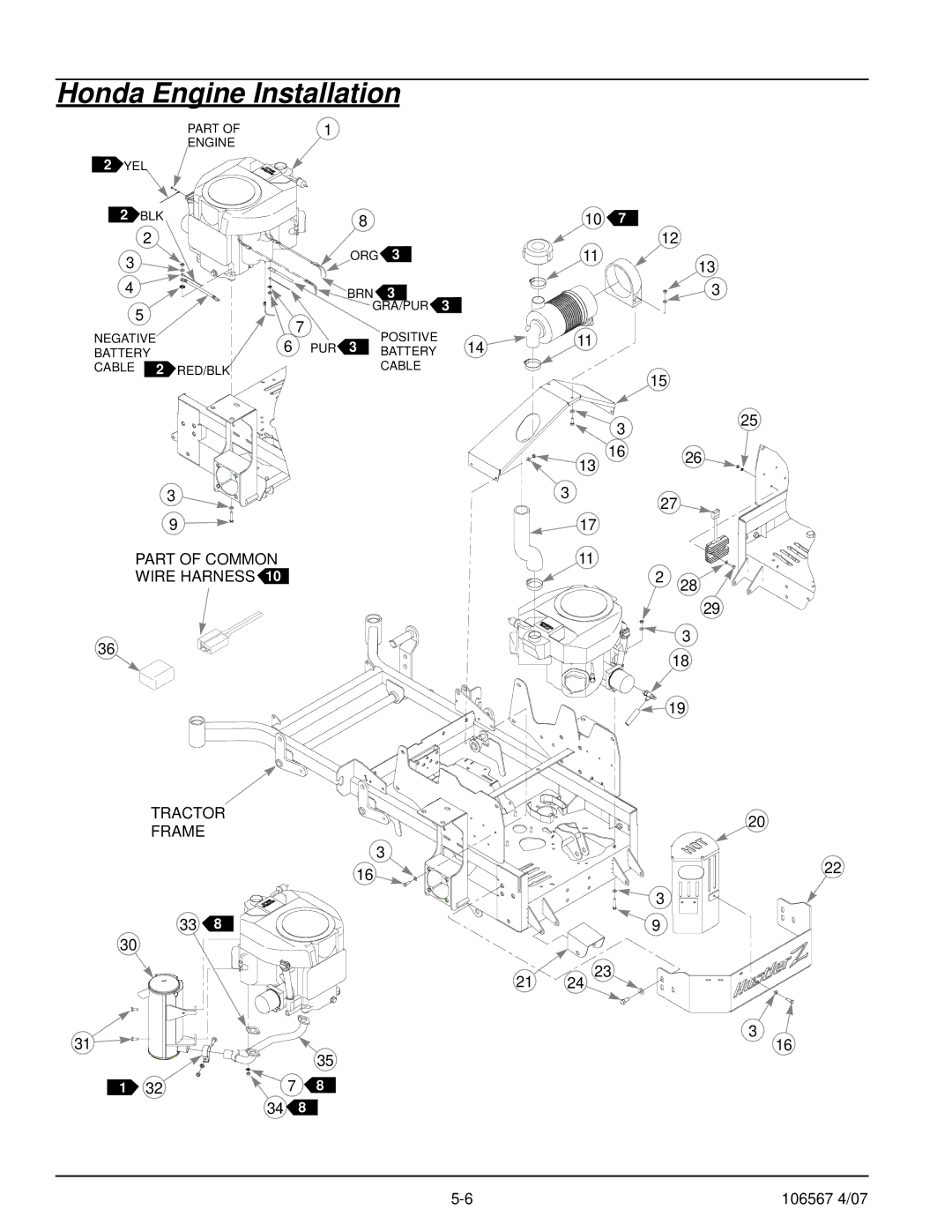 Hustler Turf Z XR7 manual Honda Engine Installation, Part Engine YEL BLK Negative Battery Cable RED/BLK 
