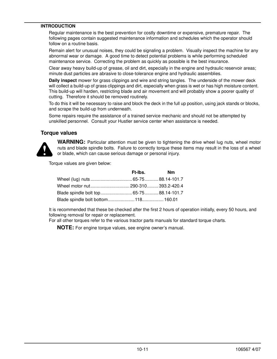 Hustler Turf Z XR7 manual Torque values, Introduction 