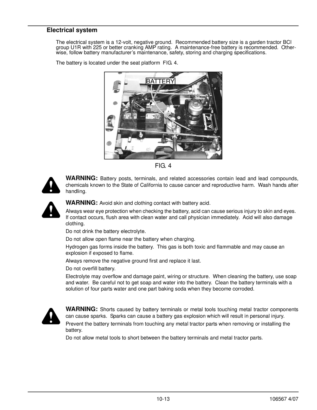 Hustler Turf Z XR7 manual Electrical system, Battery 