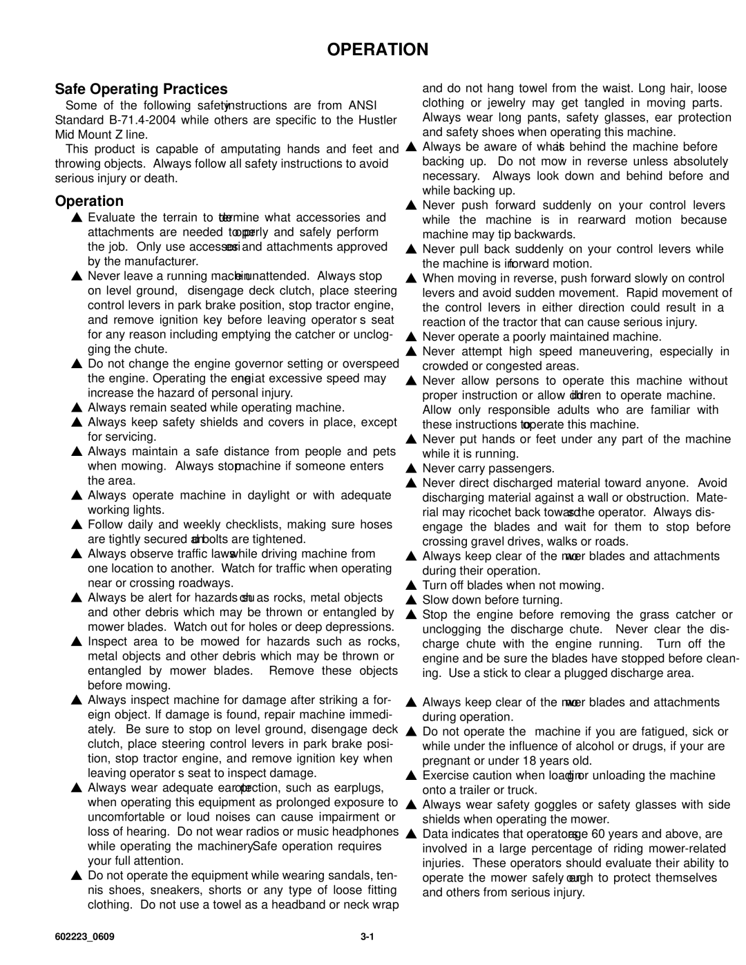 Hustler Turf Z4 manual Operation, Safe Operating Practices 