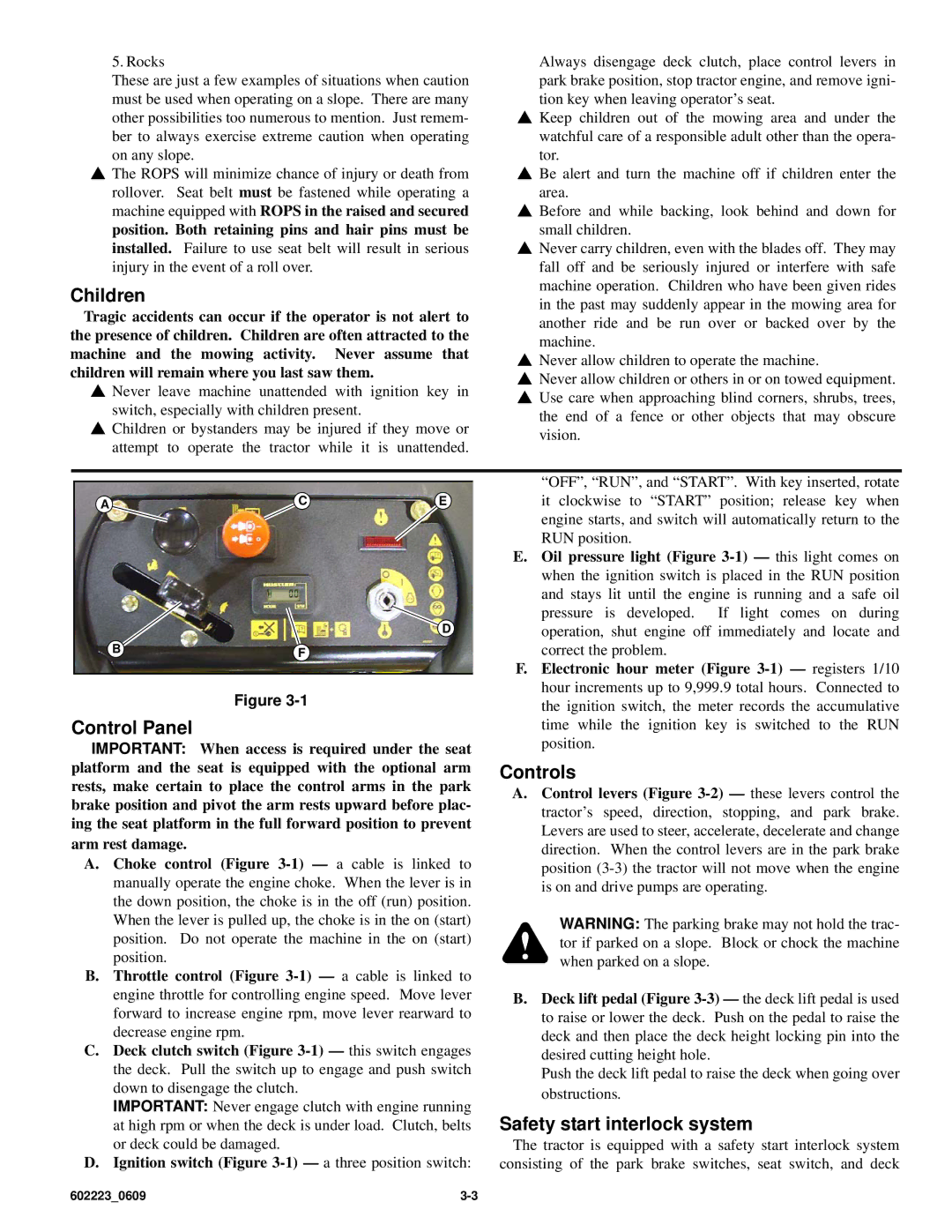 Hustler Turf Z4 manual Children, Control Panel, Controls, Safety start interlock system 