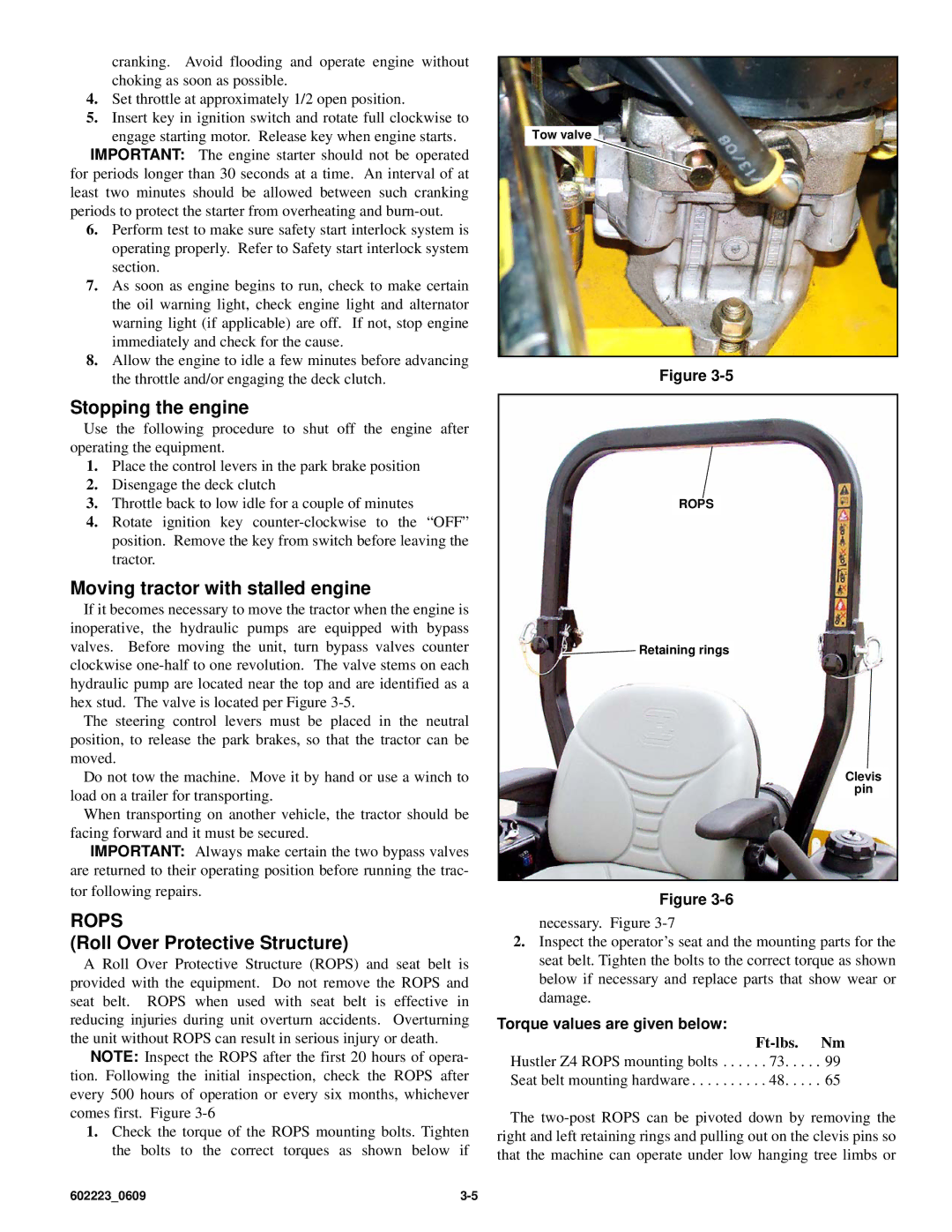 Hustler Turf Z4 manual Stopping the engine, Moving tractor with stalled engine, Roll Over Protective Structure 