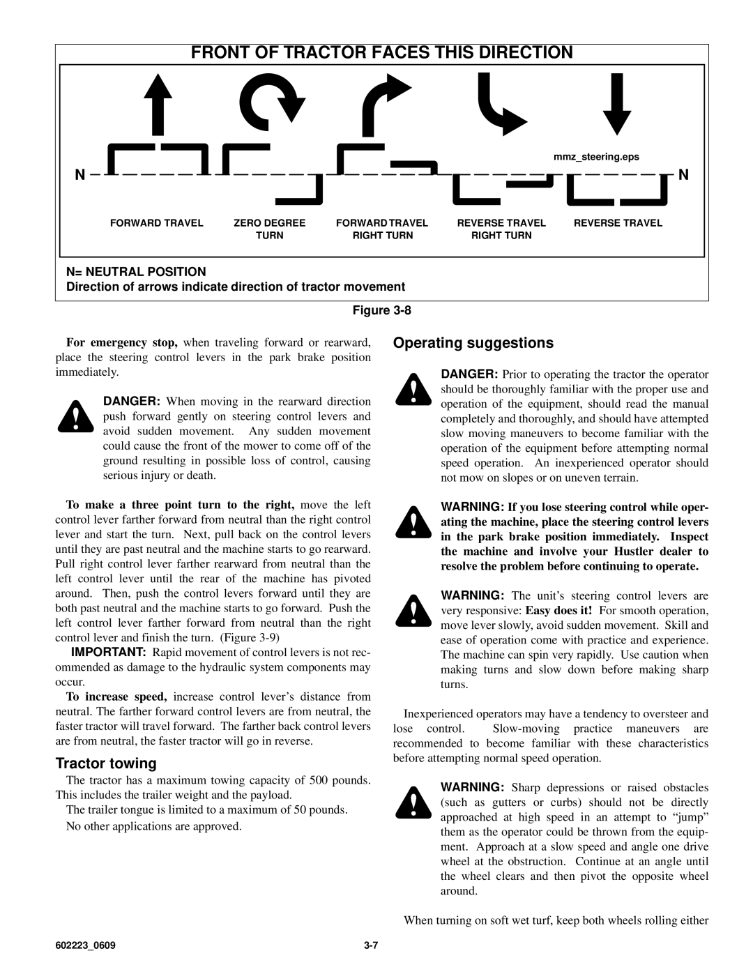 Hustler Turf Z4 manual Front of Tractor Faces this Direction, Tractor towing, Operating suggestions 