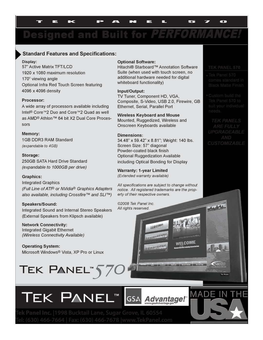 Hy-Tek Manufacturing Tek Panel 570 manual Designed and Built for PERFORMANCE, Standard Features and Specifications 