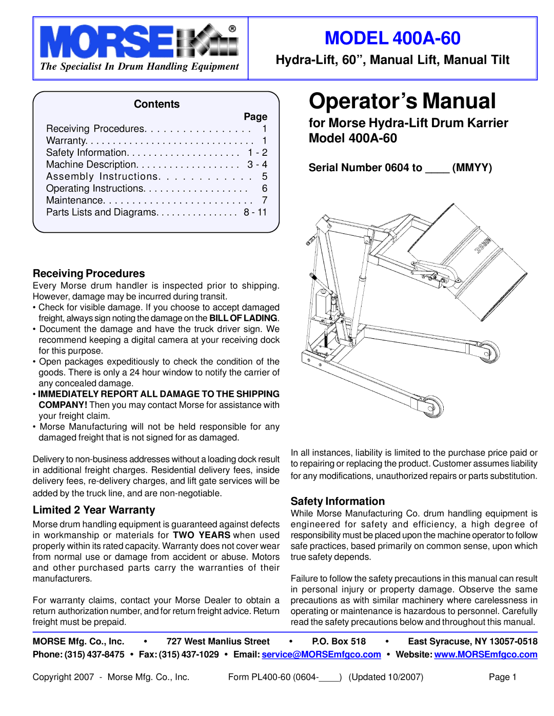 HydroSurge 400A-60 warranty Contents, Receiving Procedures, Limited 2 Year Warranty, Serial Number 0604 to Mmyy 