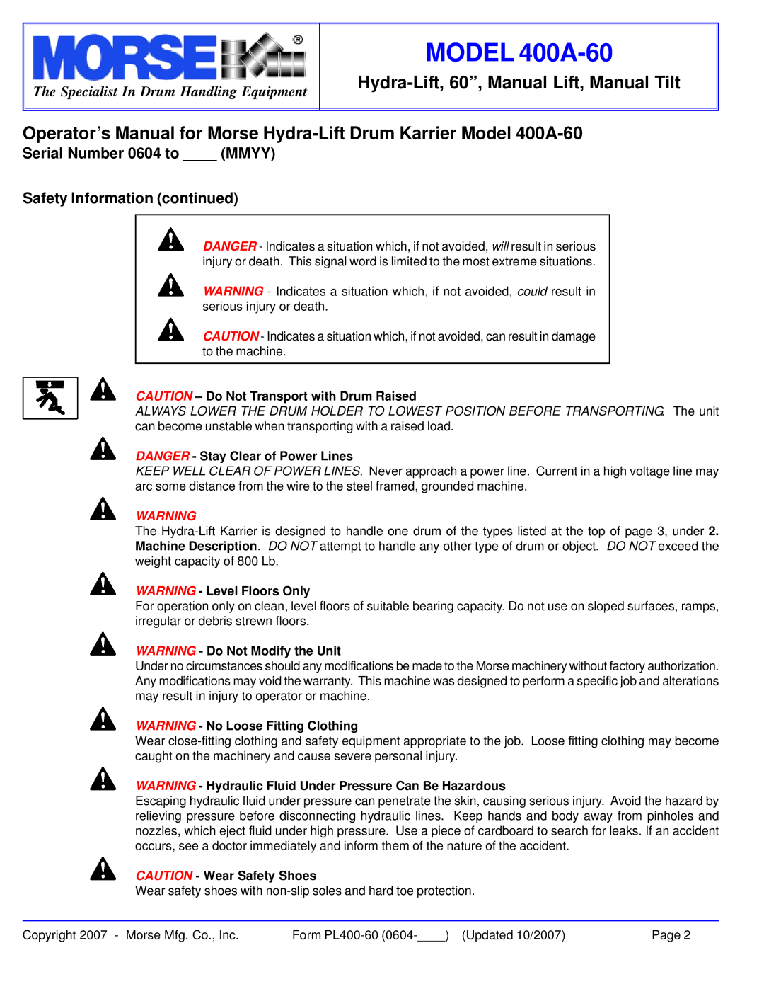 HydroSurge 400A-60 warranty Serial Number 0604 to Mmyy Safety Information 