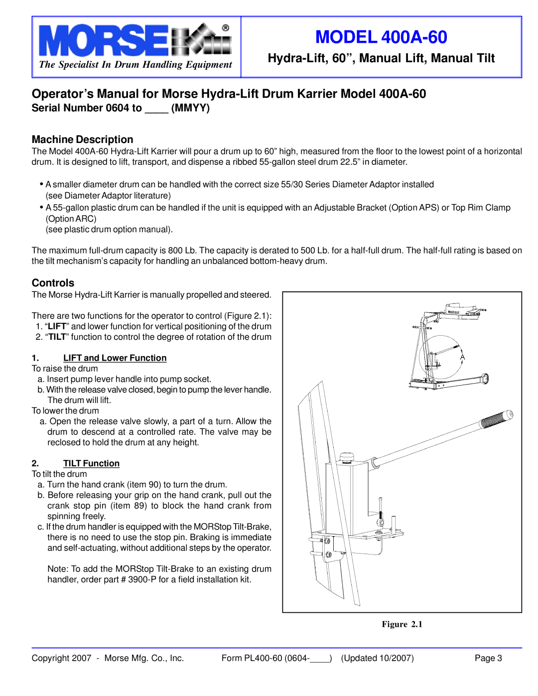 HydroSurge 400A-60 warranty Serial Number 0604 to Mmyy Machine Description, Controls, Lift and Lower Function 