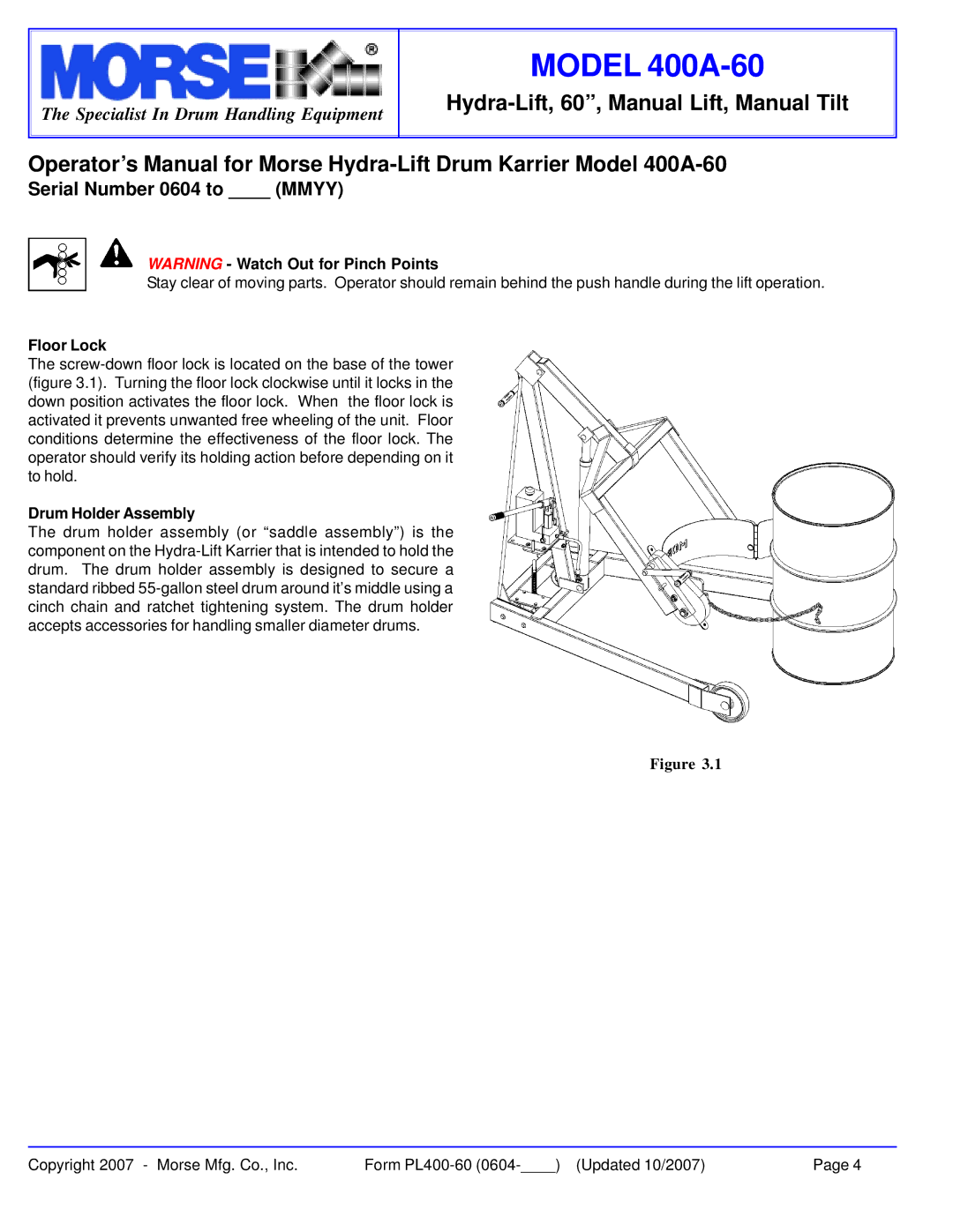 HydroSurge 400A-60 warranty Floor Lock, Drum Holder Assembly 