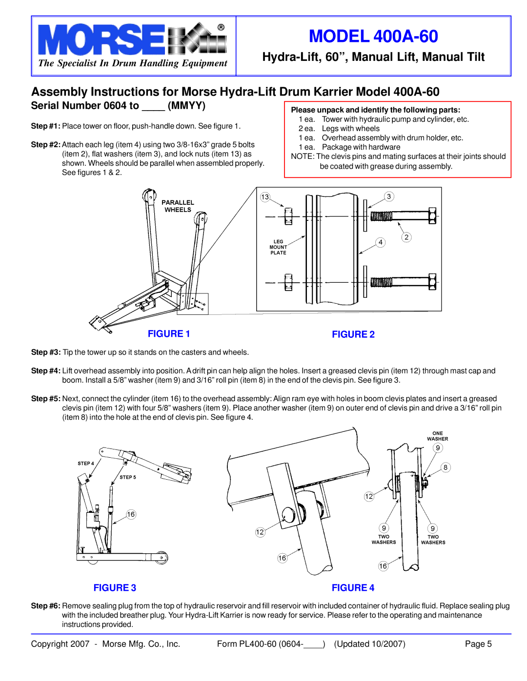 HydroSurge 400A-60 warranty Please unpack and identify the following parts 