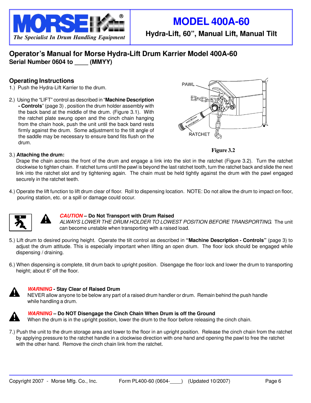 HydroSurge 400A-60 warranty Serial Number 0604 to Mmyy Operating Instructions, Attaching the drum 