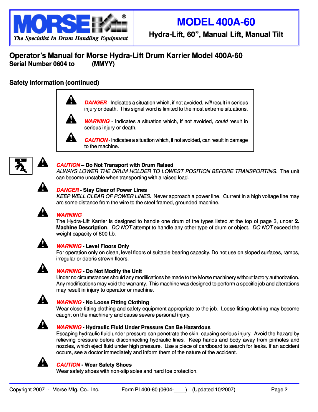 HydroSurge Operator’s Manual for Morse Hydra-Lift Drum Karrier Model 400A-60, DANGER - Stay Clear of Power Lines 