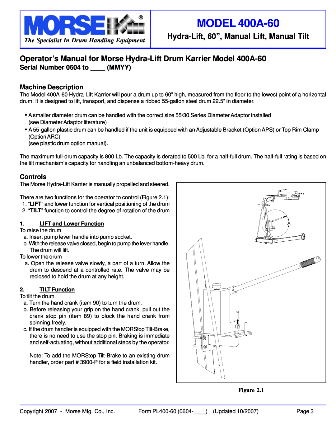 HydroSurge warranty Serial Number 0604 to MMYY Machine Description, Controls, LIFT and Lower Function, MODEL 400A-60 