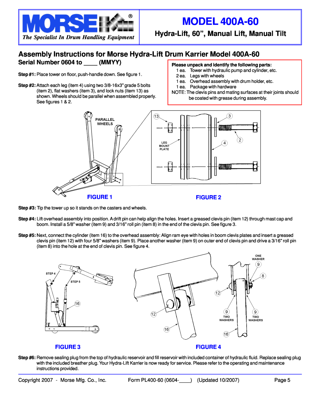 HydroSurge warranty Assembly Instructions for Morse Hydra-Lift Drum Karrier Model 400A-60, MODEL 400A-60 